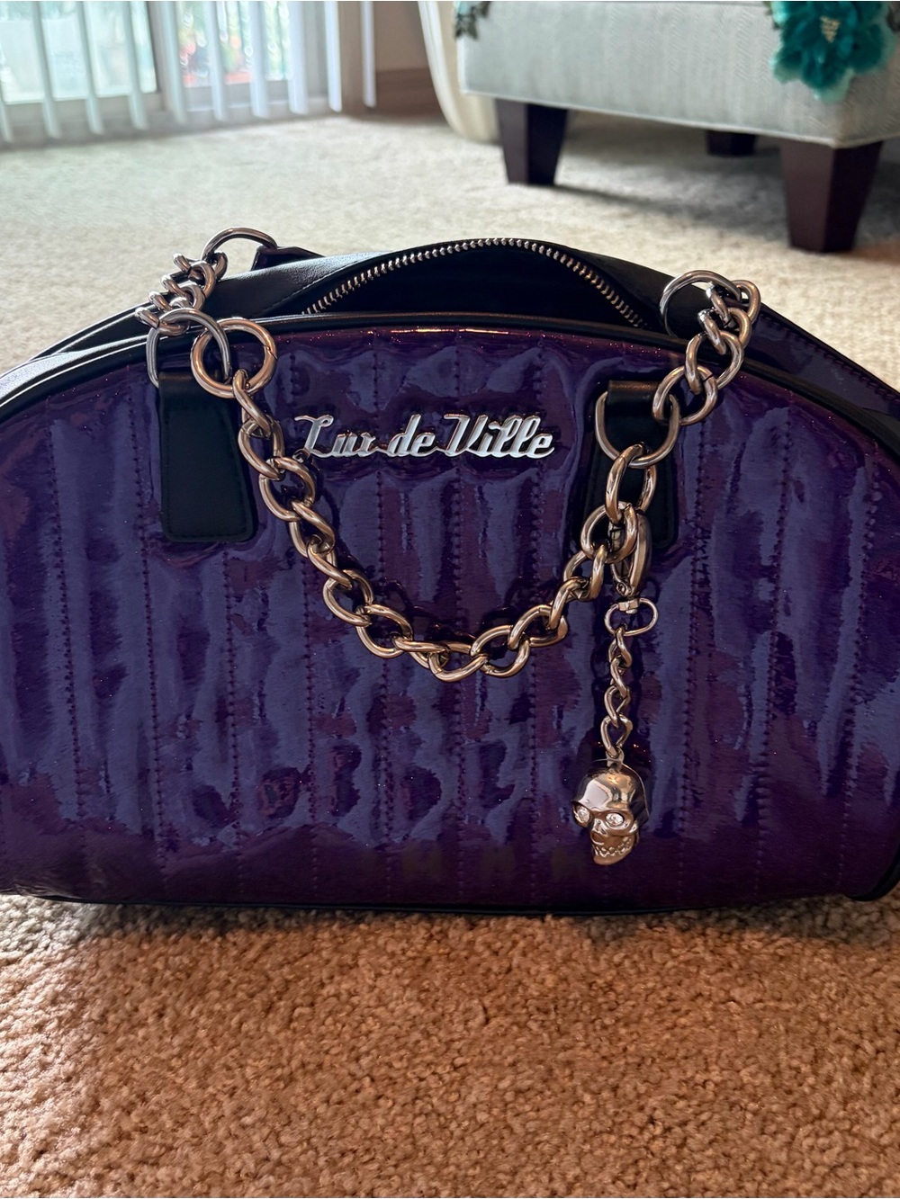 Lux de Ville Purple Patent Dome Satchel with Skull Charm
